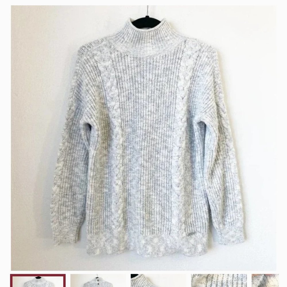 Abercrombie & Fitch Gray Heather Cable Knit Mock Neck Sweater with Back Buttons